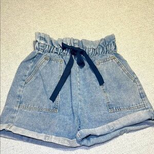 TEMT Paper bag Waist Light Blue Jean Shorts with Navy Tie.